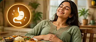 खाने के बाद आराम से बैठी महिला