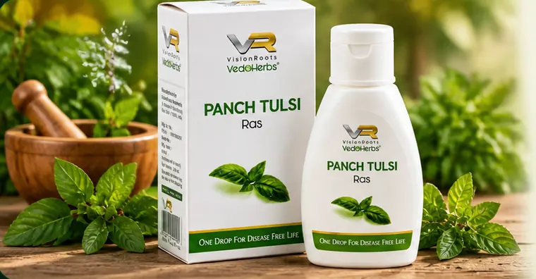 Panch Tulsi Ras का डिब्बा और bottle, तुलसी की पत्तियों और ओखल-मूसल के साथ