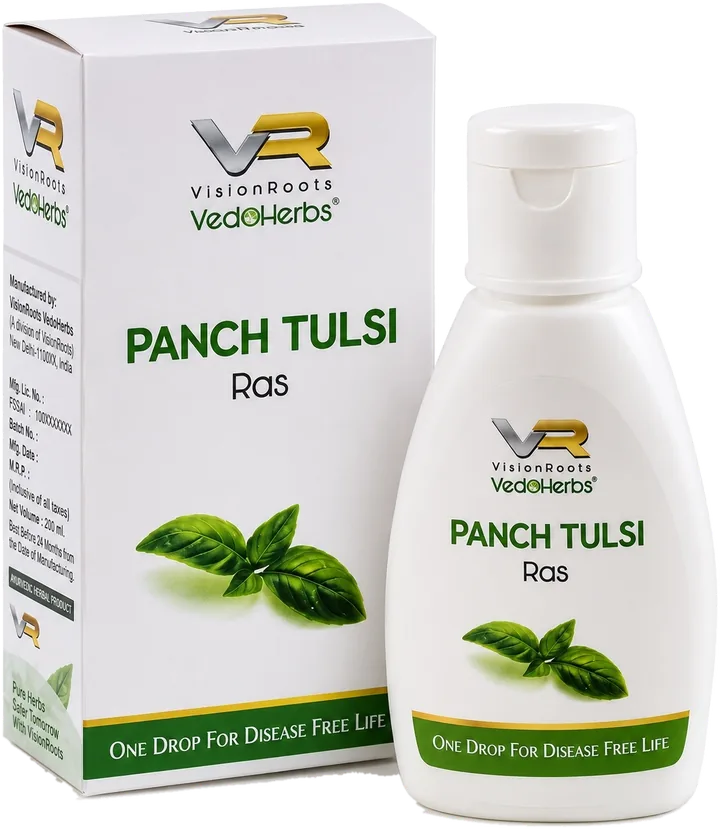 VisionRoots VedoHerbs Panch Tulsi Ras 20 ml bottle and box